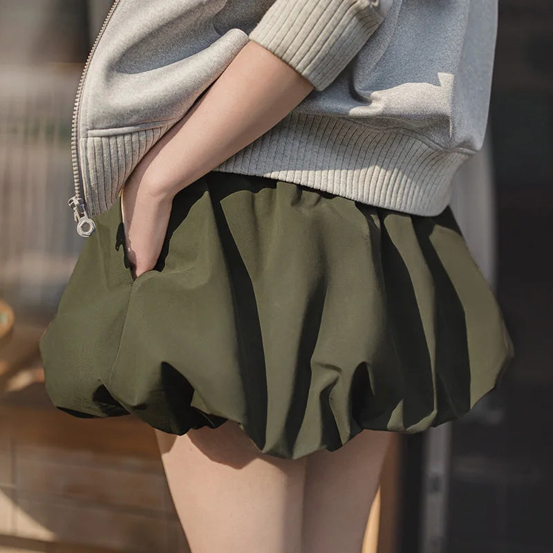 Women's Casual Green Bubble Hem Mini Summer Drawstring Waist Lantern A-Line Versatile Floral Petal Short Skirt
