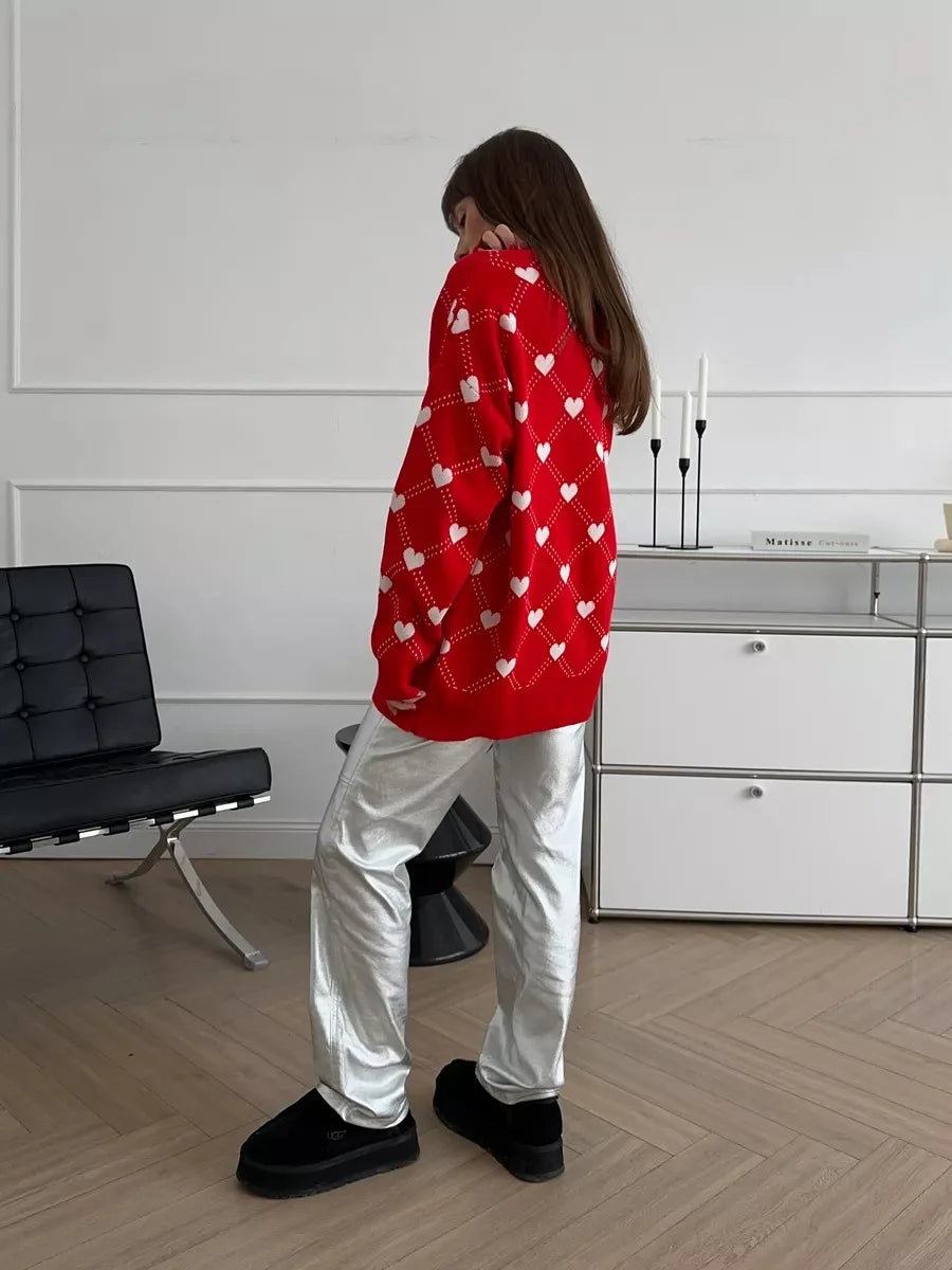 Women's Love Heart Printed Round-neck Pullover Sweater
