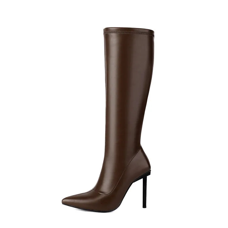 Women's Text Art High Heel Boots Elastic Leather Side Zipper Pointed Knee Boots 8cm/10cm Thin Heel Shoes