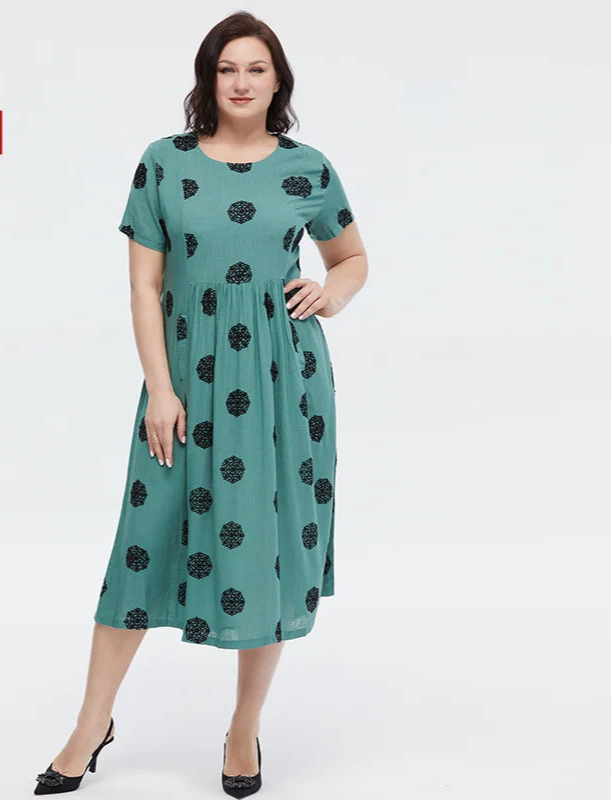 Women's Summer Elegant Cotton Oversize Office Polka Dot Embroidery Design Pocket Long Dress
