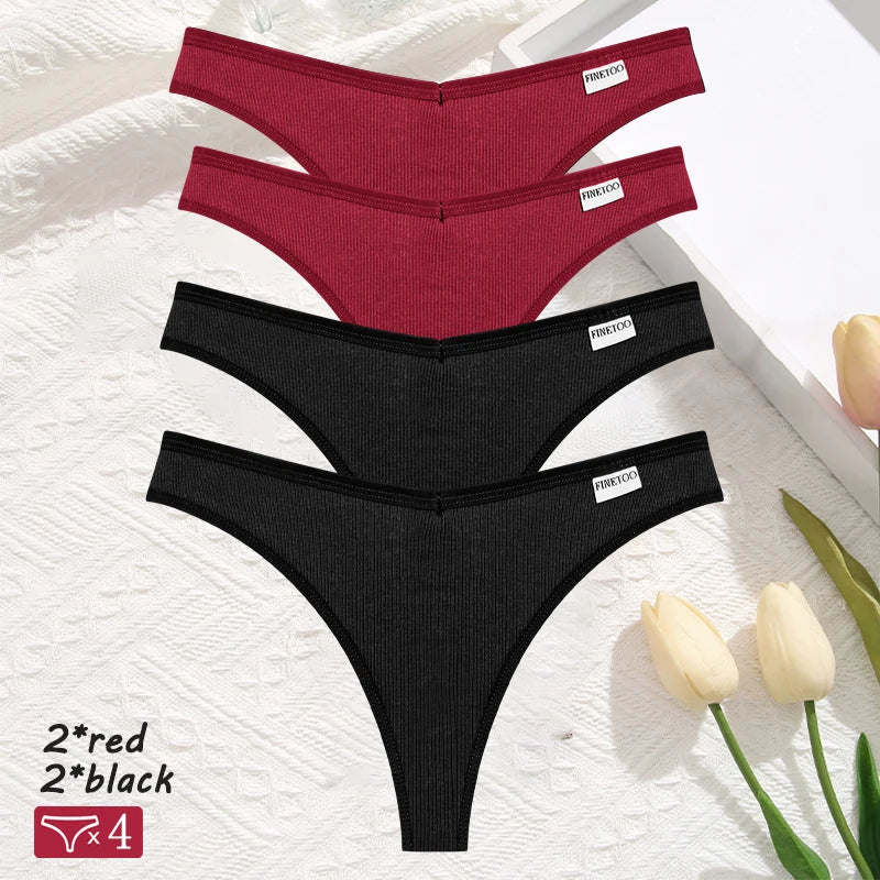 Women's 4Pcs Cotton Striped Solid Underwear V Waist G-string Panties Comfortable Soft T-back Bikini