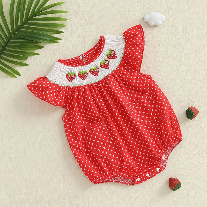 Baby Girls Strawberry Embroidery Polka Dot Romper - Smocked Ruffle Sleeve Jumpsuit (0-24M)
