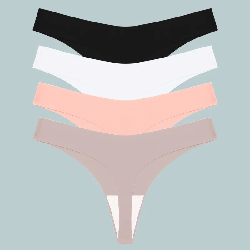 4Pcs Women's Seamless Thongs Breathable Panties Low-Waist Solid Underwear Stretch G-string Invisible T-Back Lingerie