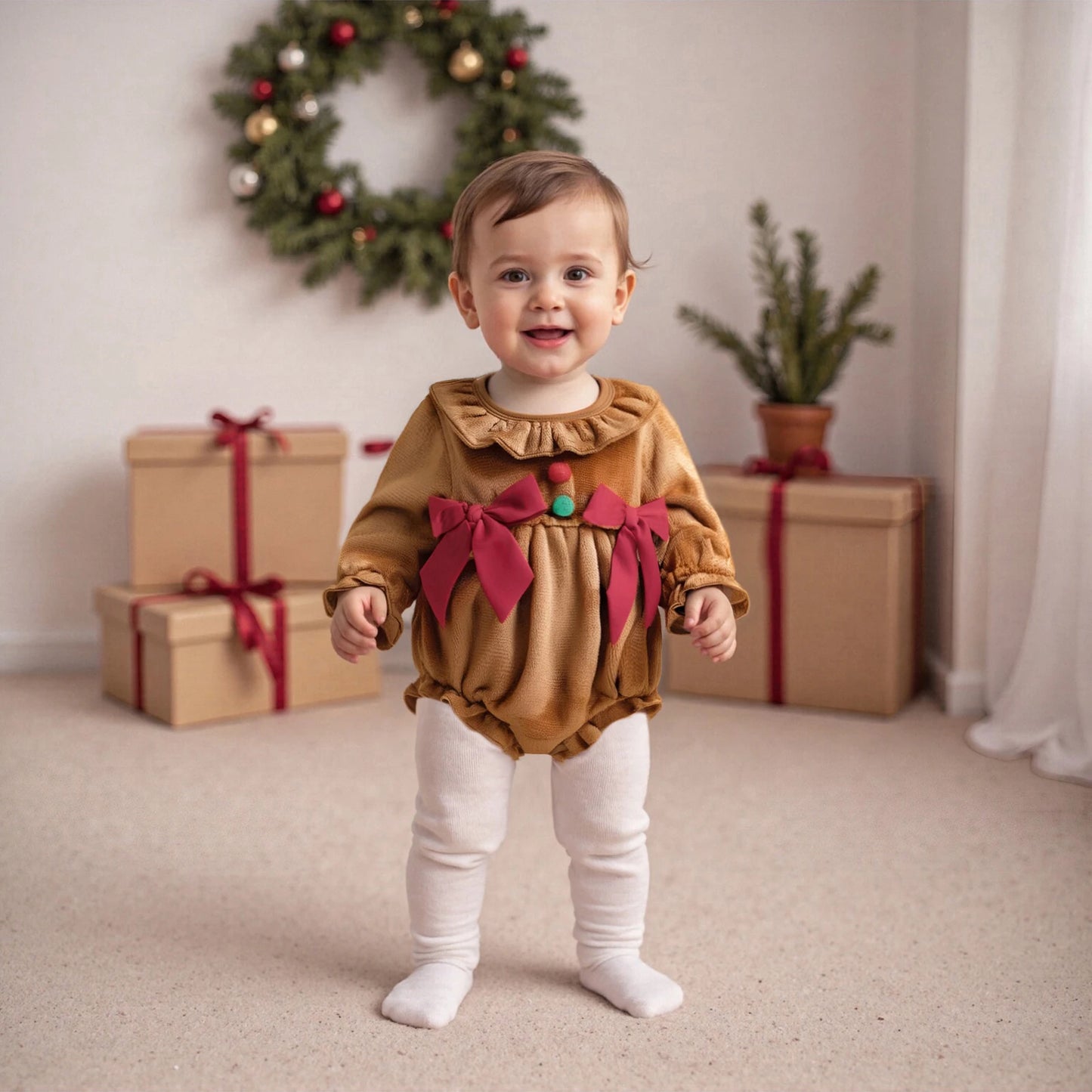 Baby Girls Christmas Romper - Plush Gingerbread Costume with Bow Detail
