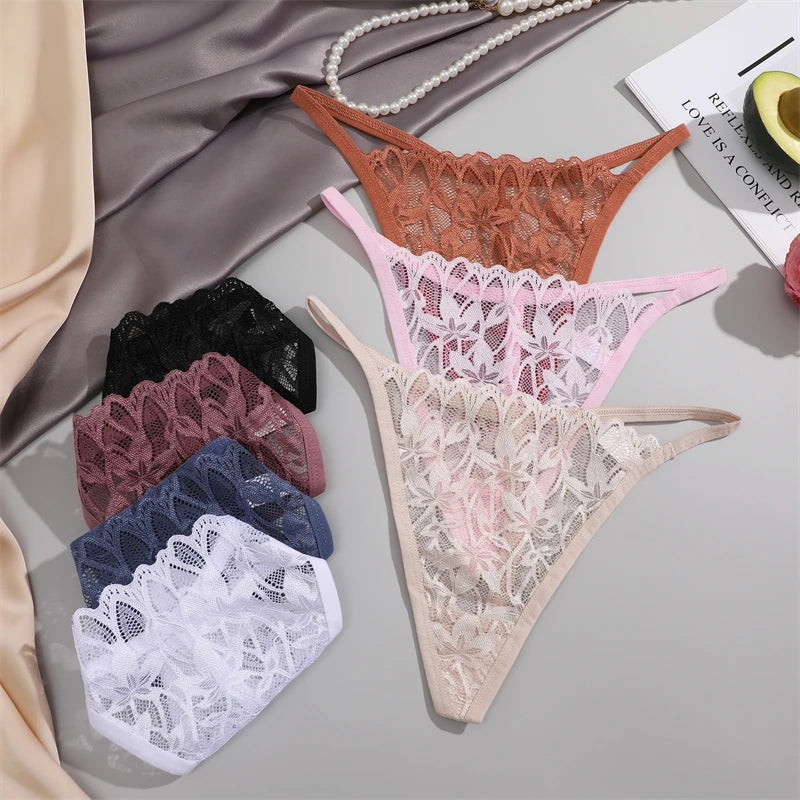 Women's 3Pcs/Set Lace Floral Thongs Hollow Out Underwear Low-Waist Perspective G-string Breathable Lingerie
