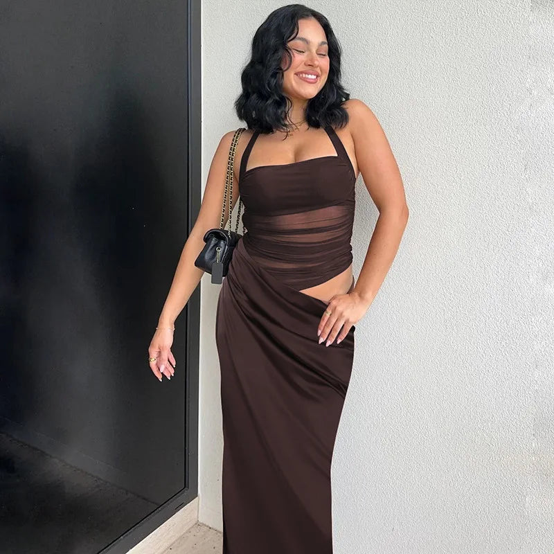 Women's Elegant Halter Mesh Sheer Cut Out Maxi Dress - Party Long Dress Outfit Asymmetrical Ruched Gown Summer Dress