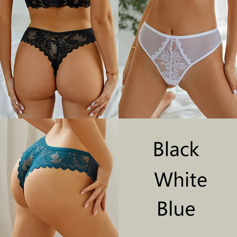 Women's 3Pcs/set Thongs  Lace Floral Bikini Underpants  Low-Rise G-string Underwear Thong Panties Lingerie