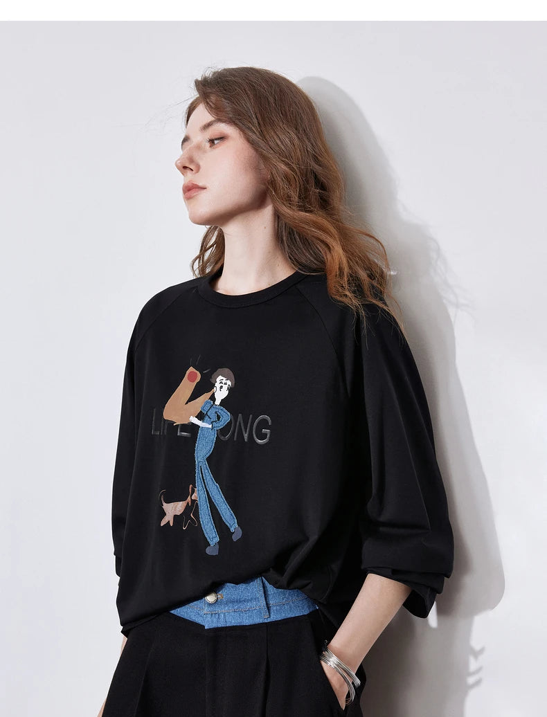 Women's Long Sleeve Lyocell Denim Patchwork Embroidery Cotton Pullover T-Shirt
