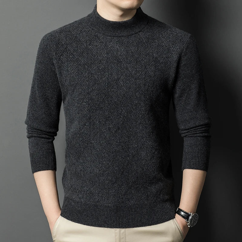 Men's Mock Neck Knitted Sweater - Slim Fit Thick Warm Pullover for Winter