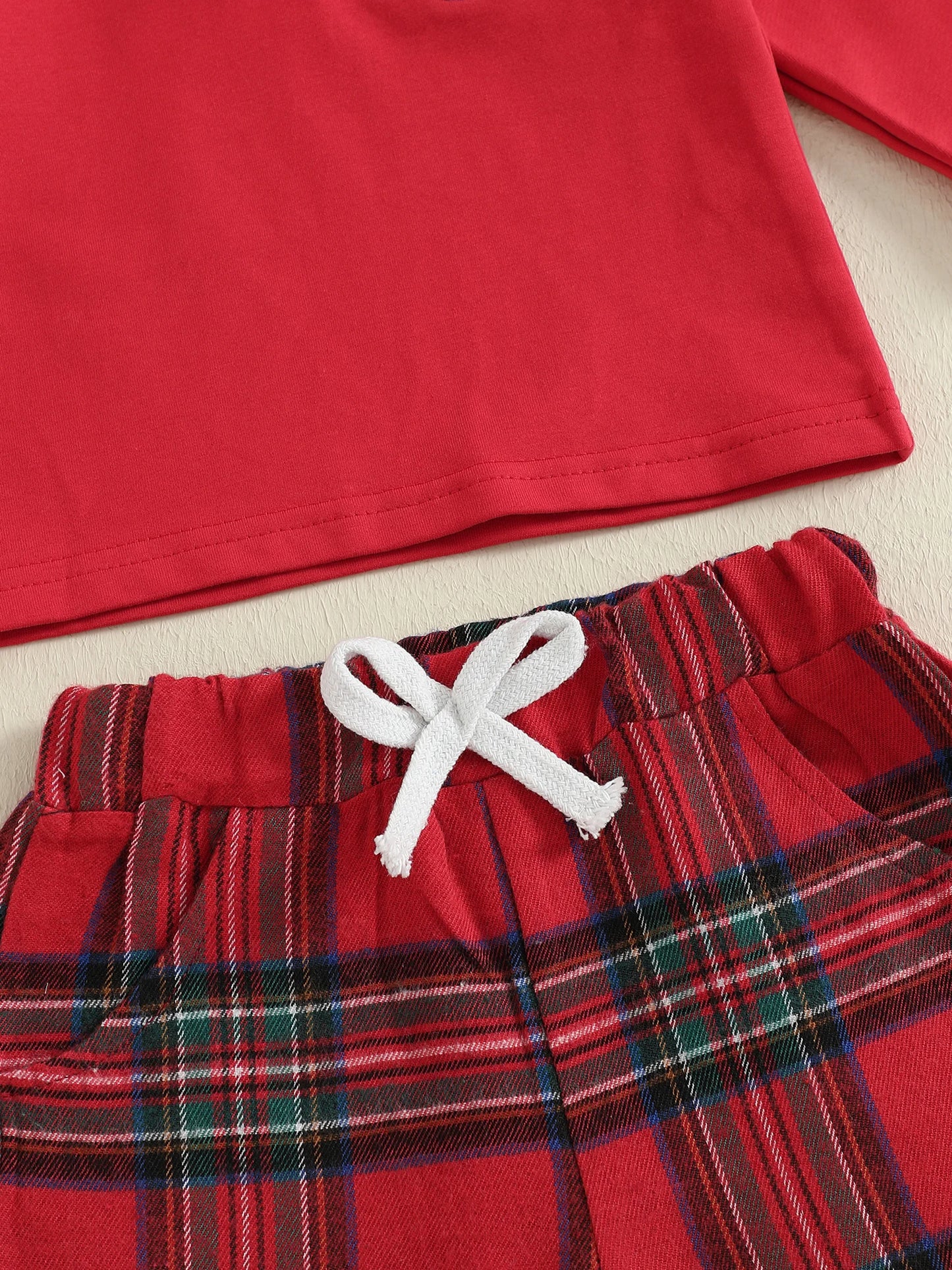 Toddler Kids Boy Christmas Clothes Set - Santa Embroidery Long Sleeve Lapel Pullover & Elastic Waist Plaid Pants