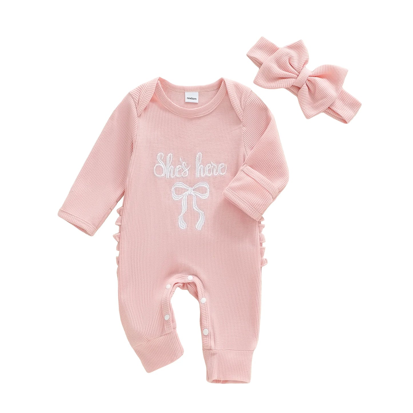 Newborn Baby Fall Winter Romper - Bow Letter Print Waffled Jumpsuit with Headband (0-6M)
