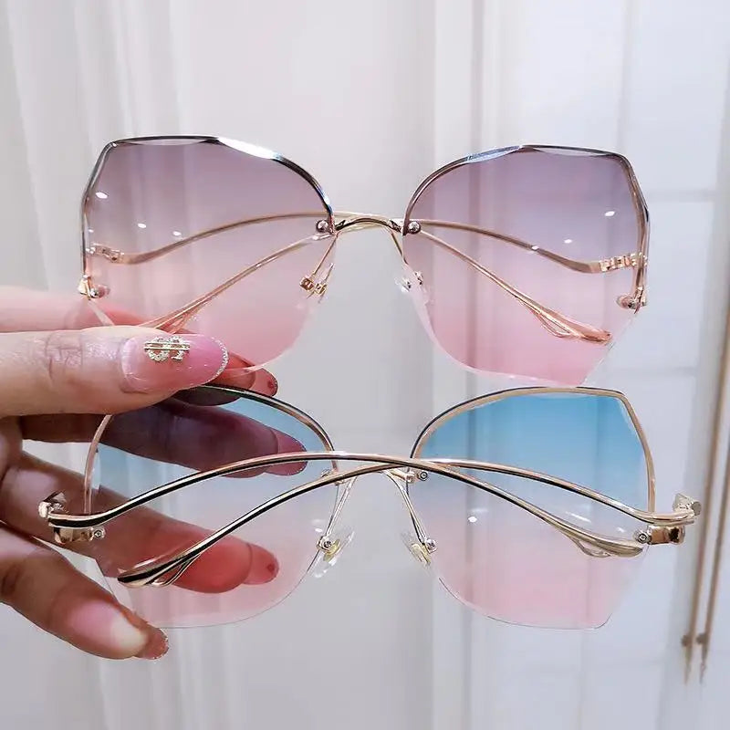 Large Frame Gradient Sunglasses - Frameless Metal Polygonal UV400 for Women