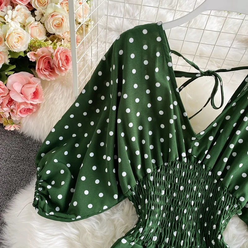 Women's V-Neck Polka Dot Jumpsuit - Wide Leg Trousers with Dolman Sleeves