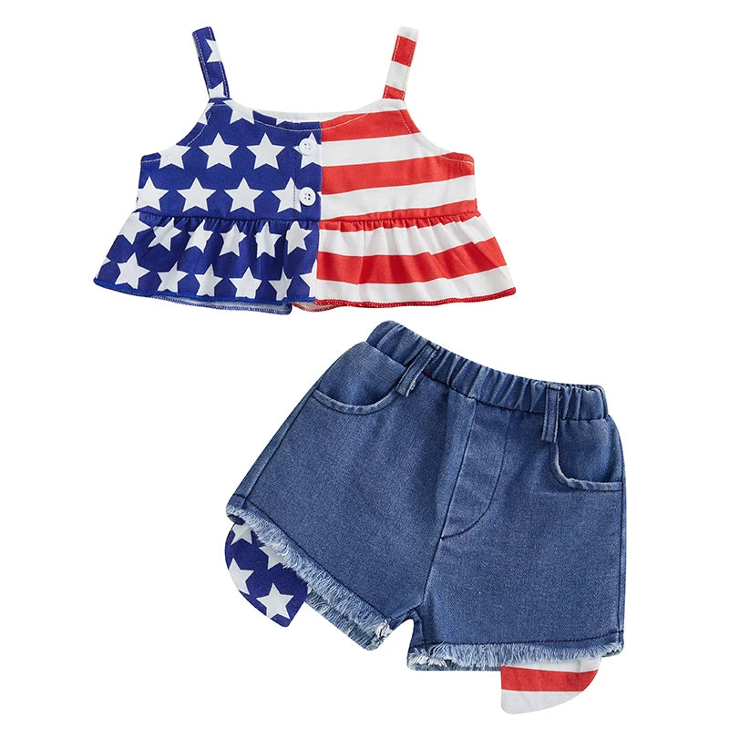 0-4Y Kids Girls American Flag Clothes Sets Star Stripe Print Camisole and Elastic Raw Denim Shorts