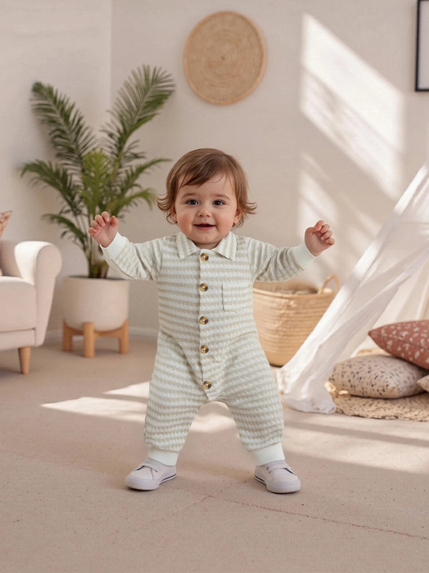 Newborn Baby Fall Winter Jumpsuit Set - Striped Turn-Down Collar Romper & Pants (0-18M)