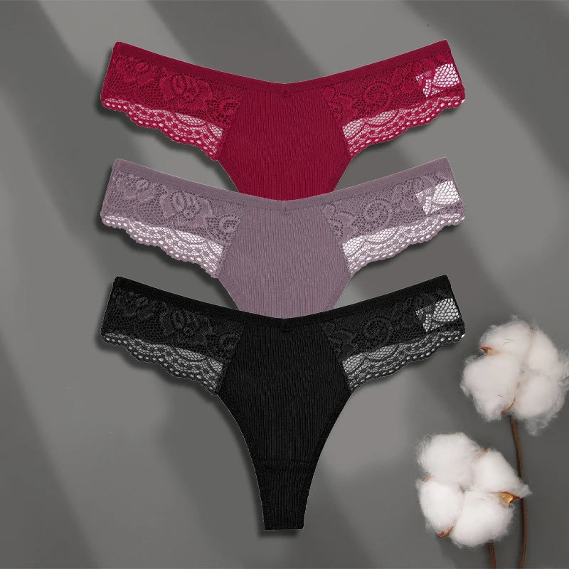 Cotton Lace Thongs - 3 Pack Low Waist Bikini Panties