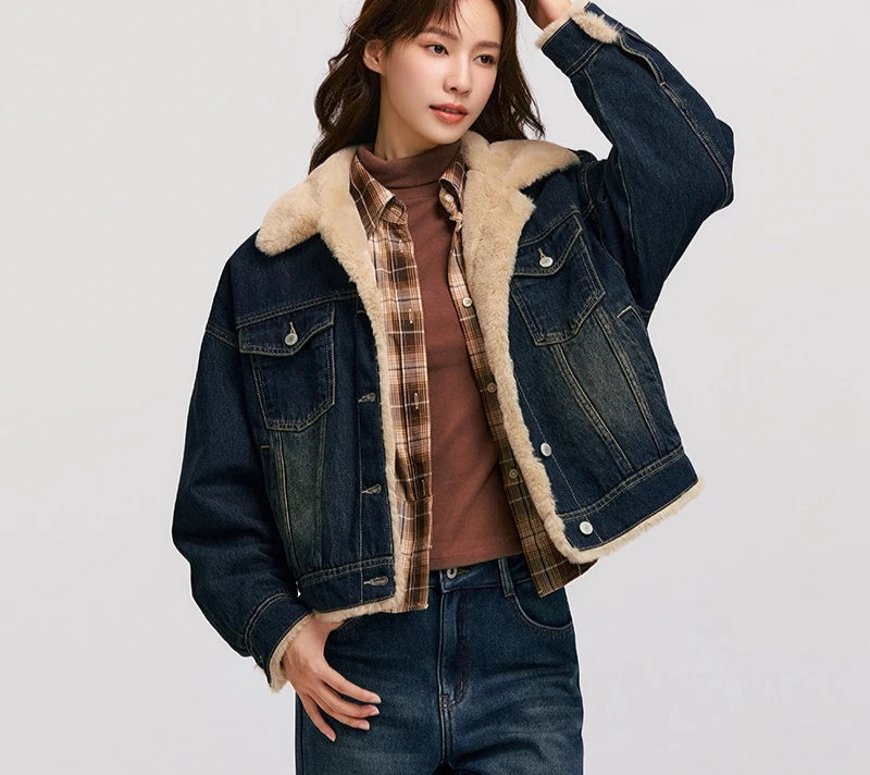 Denim Jacket Women Patchwork Imitation Rabbit Fur Lapel Loose Winter Quilted Jacket