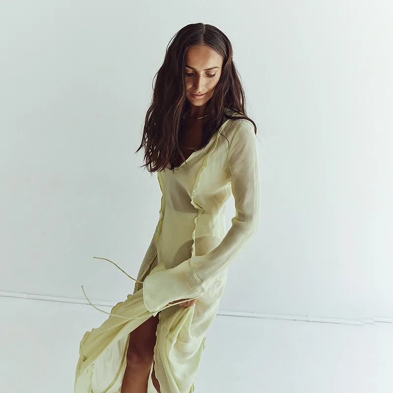 Women's Elegant Mesh Transparent Maxi Flare Sleeve Cover-Ups Loose Beach Dress