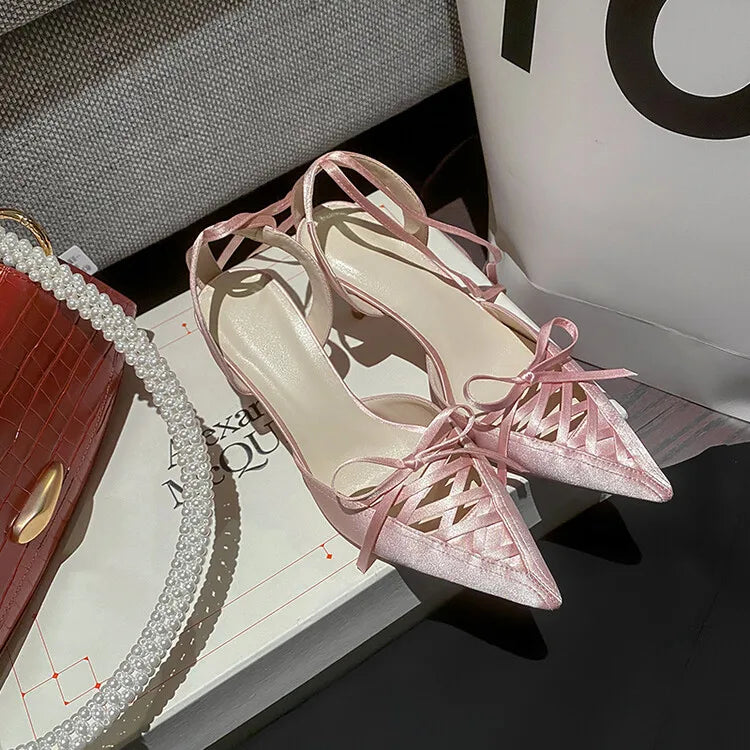 Women's Satin High Heel Sandals Strap 7cm Heel Sandals Bow Pointed Shoes
