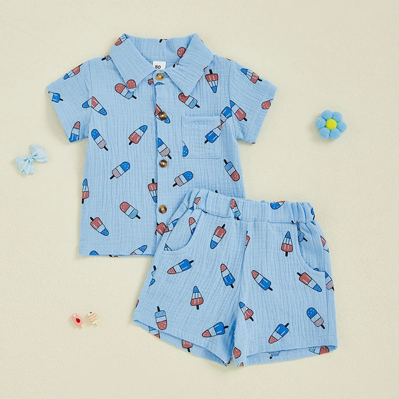 0-4Y Kids Boys American Flag Colours Print Clothes Sets Ice Cream Print Lapel Button Down Short Sleeve Shirt with Shorts