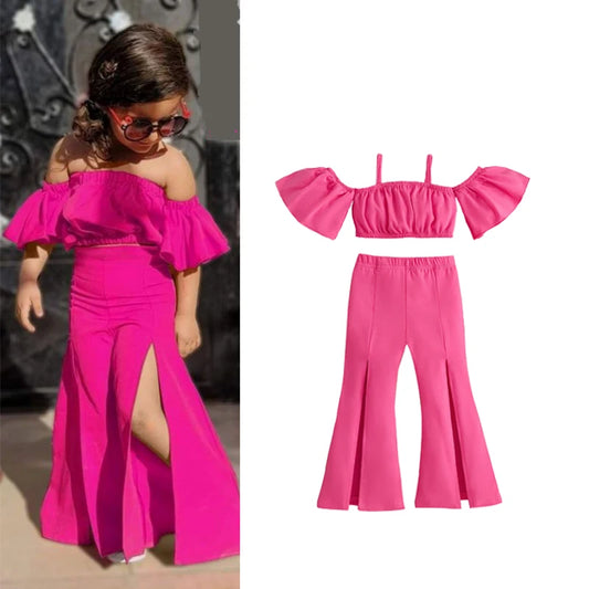 Little Girl's Summer Outfit Set - Off Shoulder T-Shirt & Denim Flare Pants