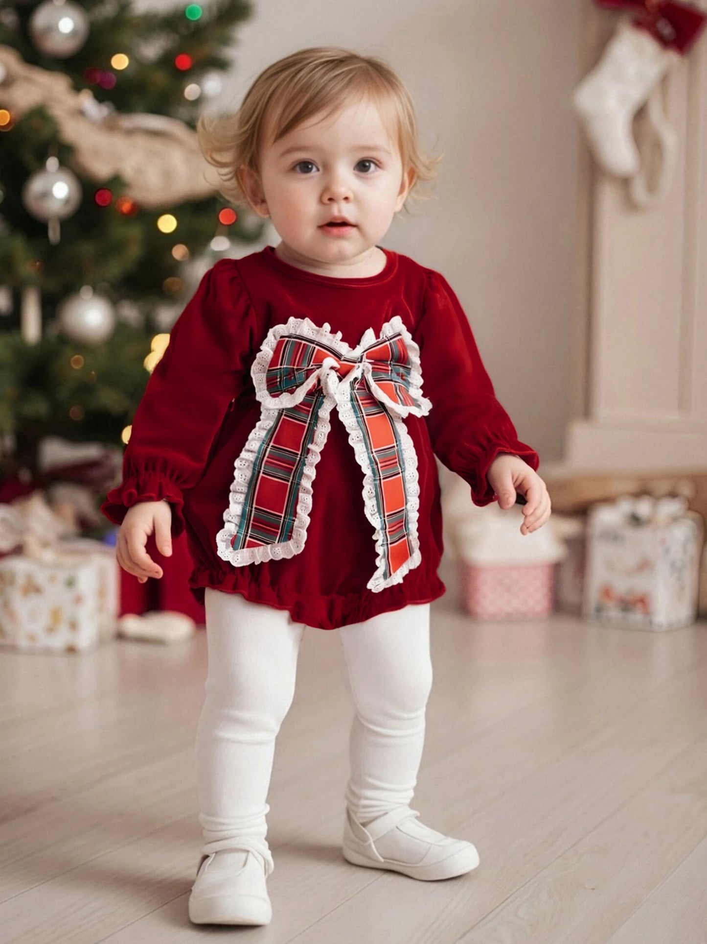 Lovely Baby Velvet Christmas Romper with Plaid Bow (0-18M)