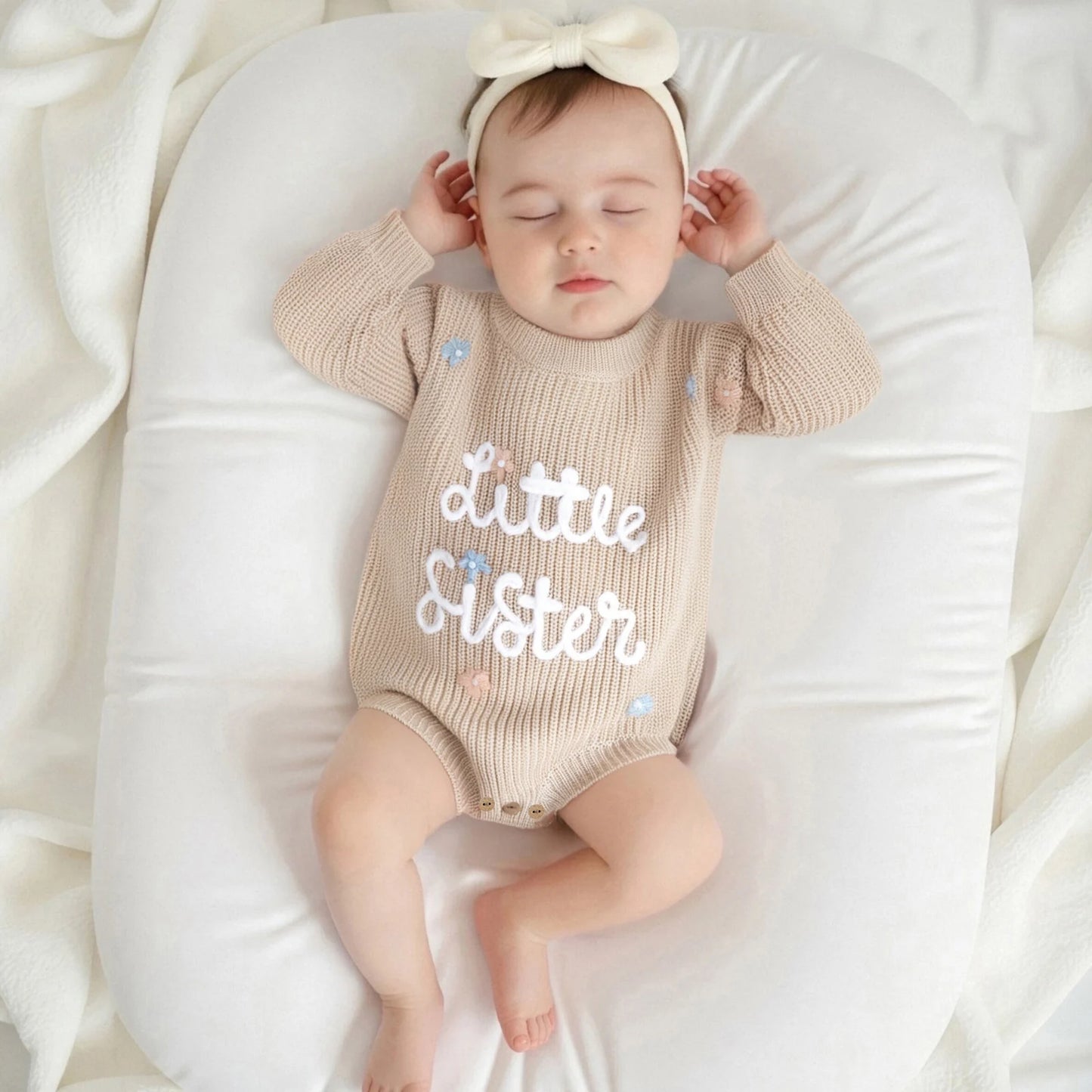 Newborn Baby Sweater Romper - Letter Floral Embroidery Round Neck Knit Jumpsuit