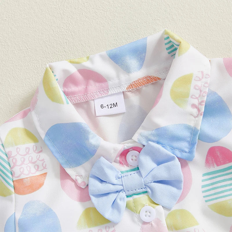 0-4Y Kids Boys Easter Gentleman Clothes Set Egg Print Short Sleeve Button-up Bow Tie Shirt with Elastic Shorts