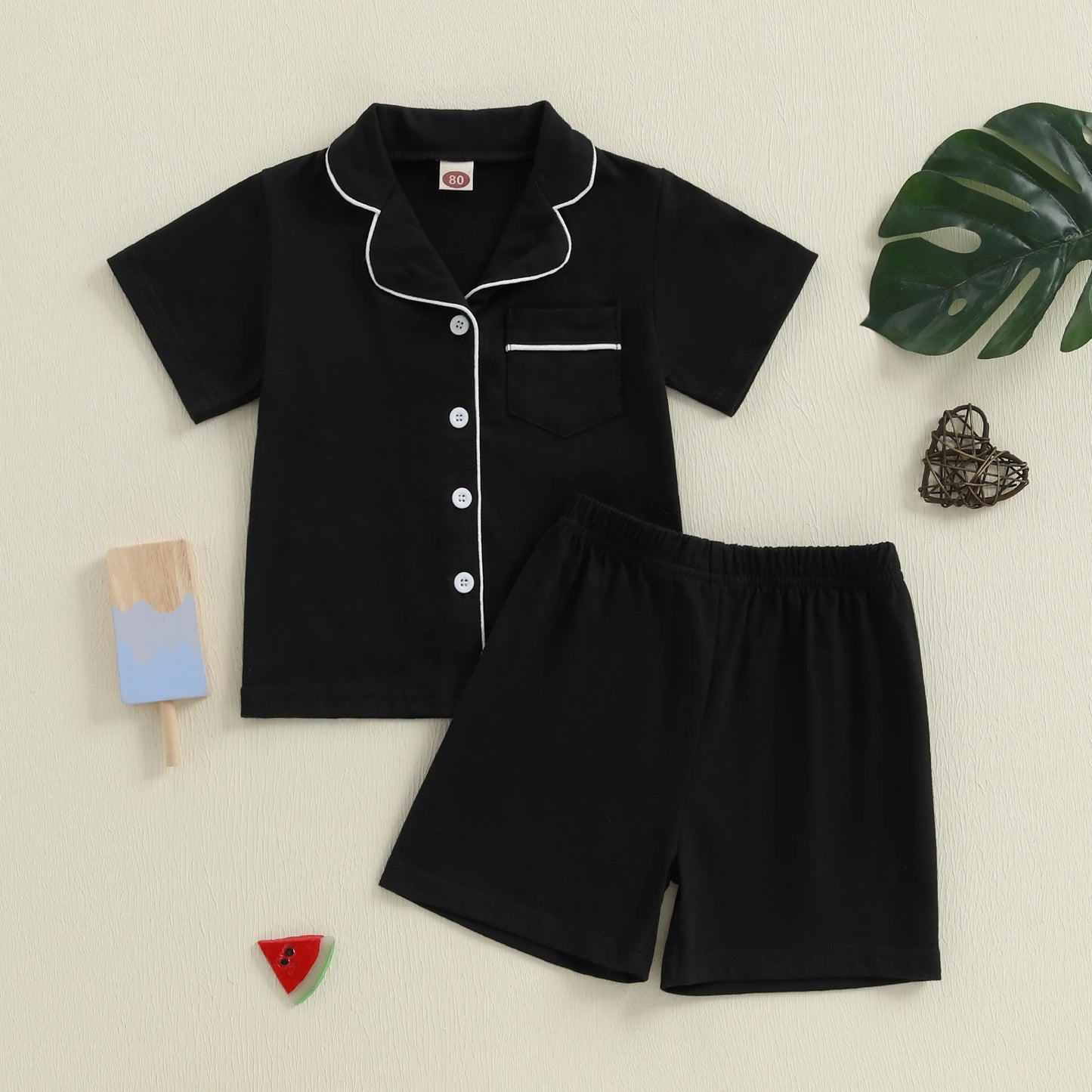 0-8Y Summer Toddler Kids Boys Girls Pyjamas Clothes Set Solid Contrast Trim Lapel Short Sleeve Button Down Tops Shorts
