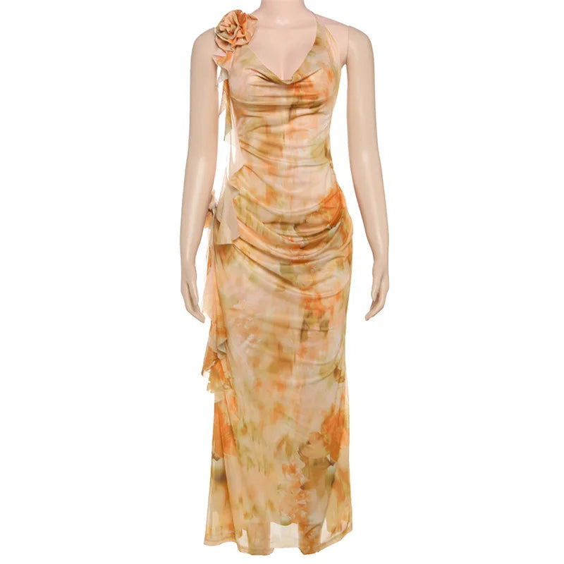Women's Floral Applique Halter Maxi Dress
