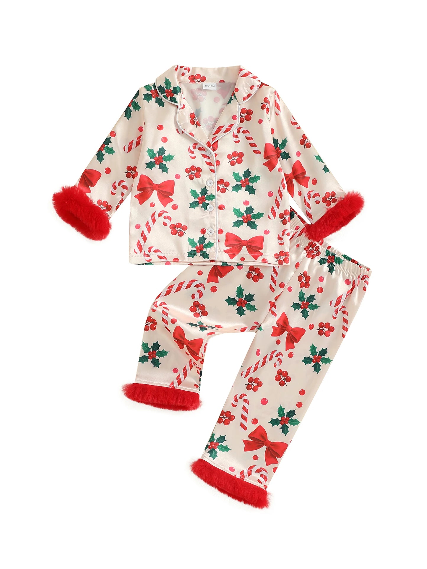 Kids Girls Christmas Satin Pyjamas Set - Candy Cane Bow Print Button Down Top & Pants (0-7Y)