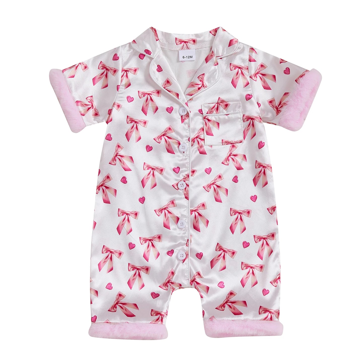 Baby Girls' Satin Romper Pajamas - Bow Print Feather Cuffs Short Sleeve Lapel Jumpsuit