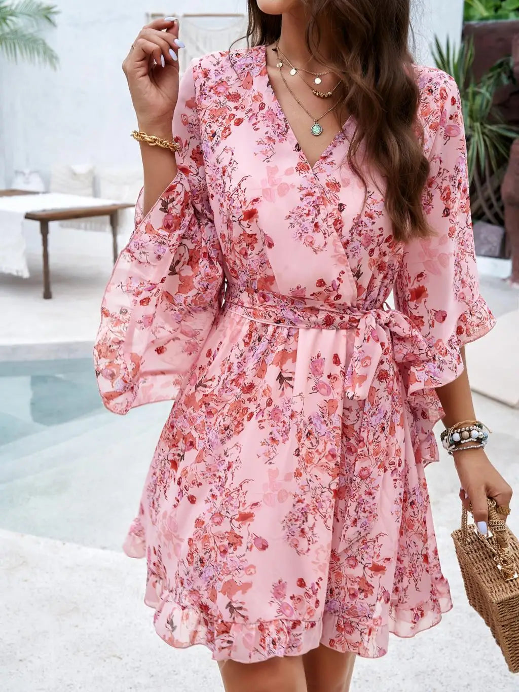 Women's Autumn Winter Half Sleeve Flower Print Elegant V-neck Casual A-Line Knee-Length High Waist Dress