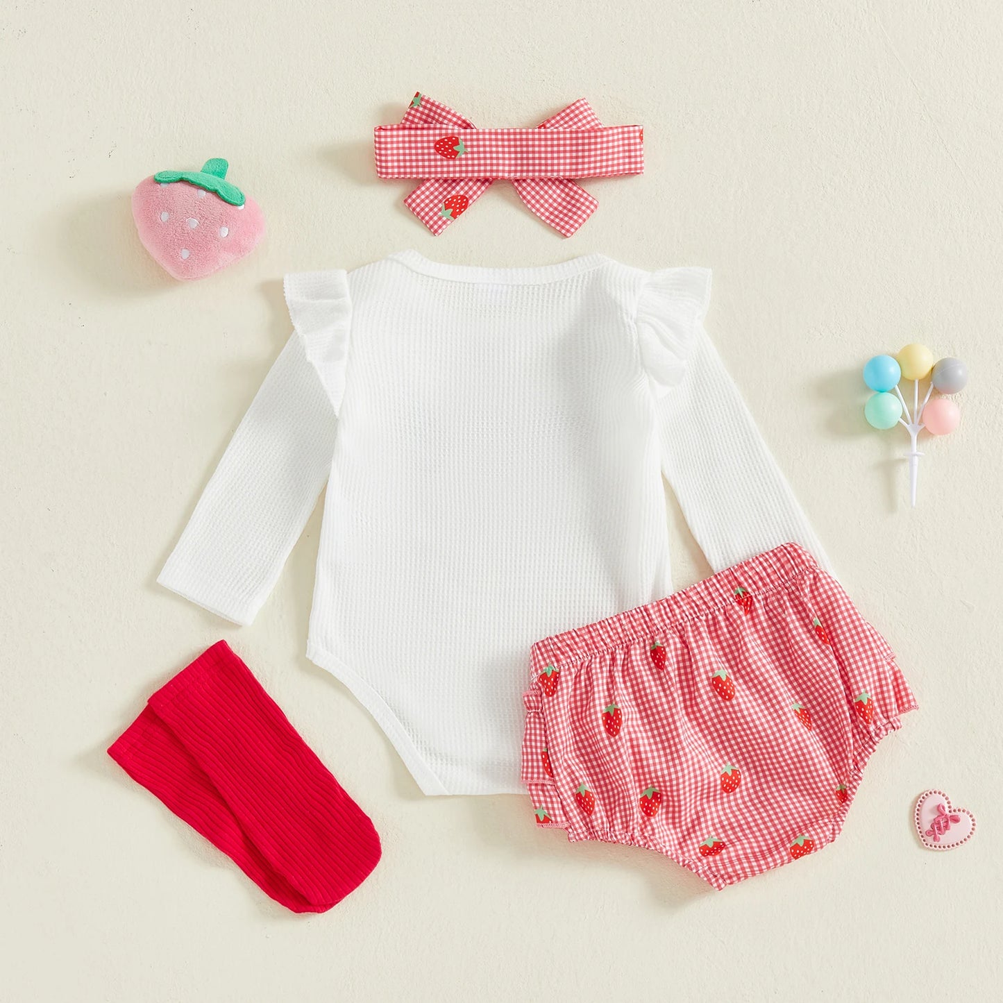 Baby Girls Strawberry Outfit Set - 4-Piece Long Sleeve Romper, Plaid Shorts, Headband & Socks (0-18M)
