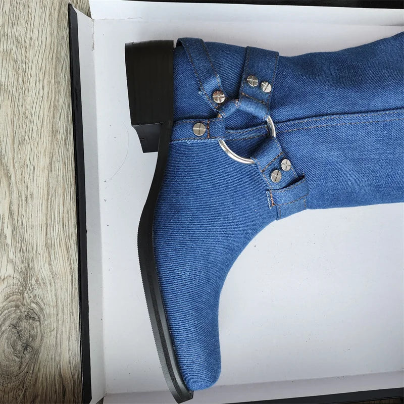 Women's Blue Cowboy Metal Ring Motorcycle Boots Belt Buckle Design 3.5cm Thick Heel Knight Boots Women's Square Head Fashion Boots 34-44
