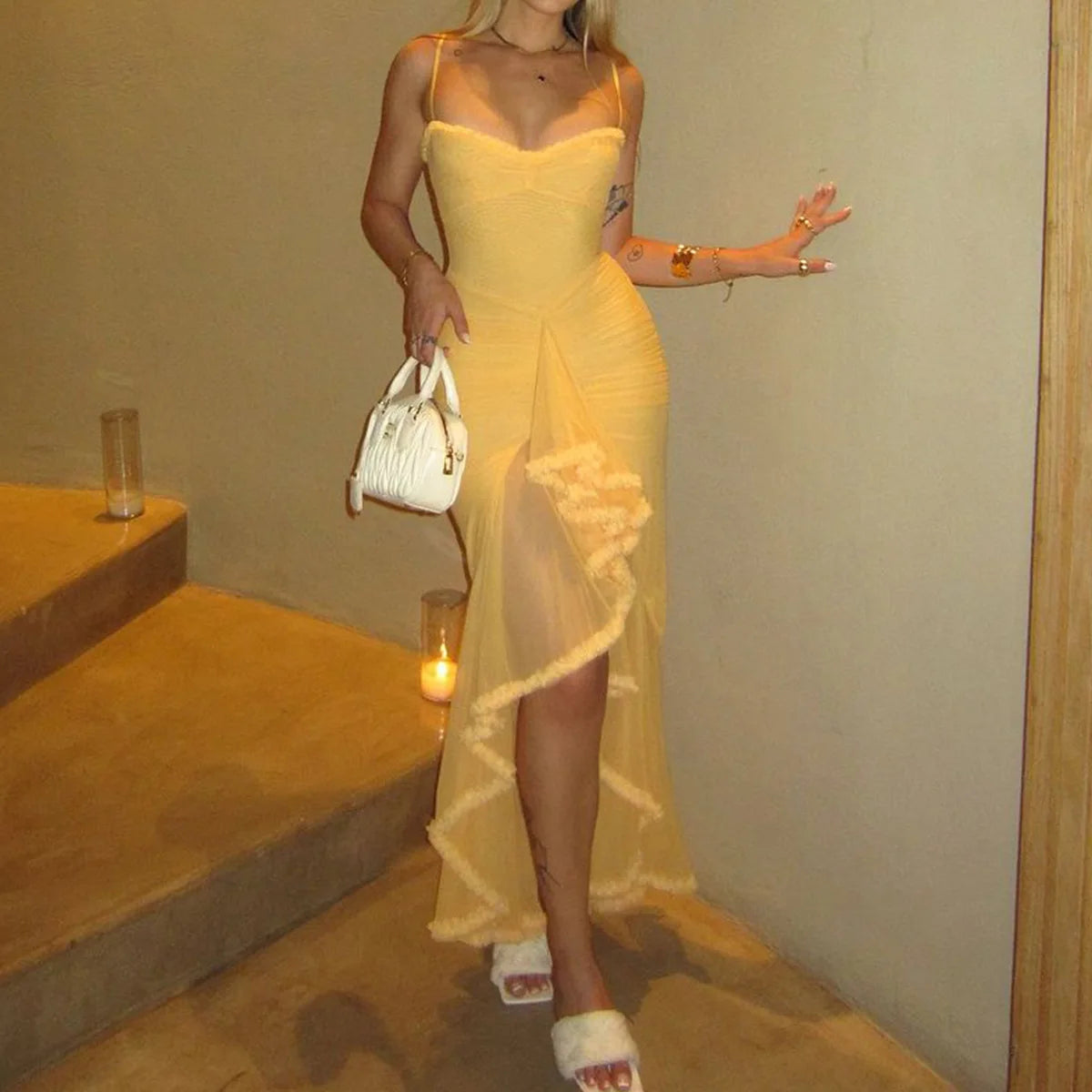 Women's Sheer Mesh Ruffled Front Gown Elegant Draped Prom Cocktail Maxi Dress Solid Fairy Ruched Slip Dress