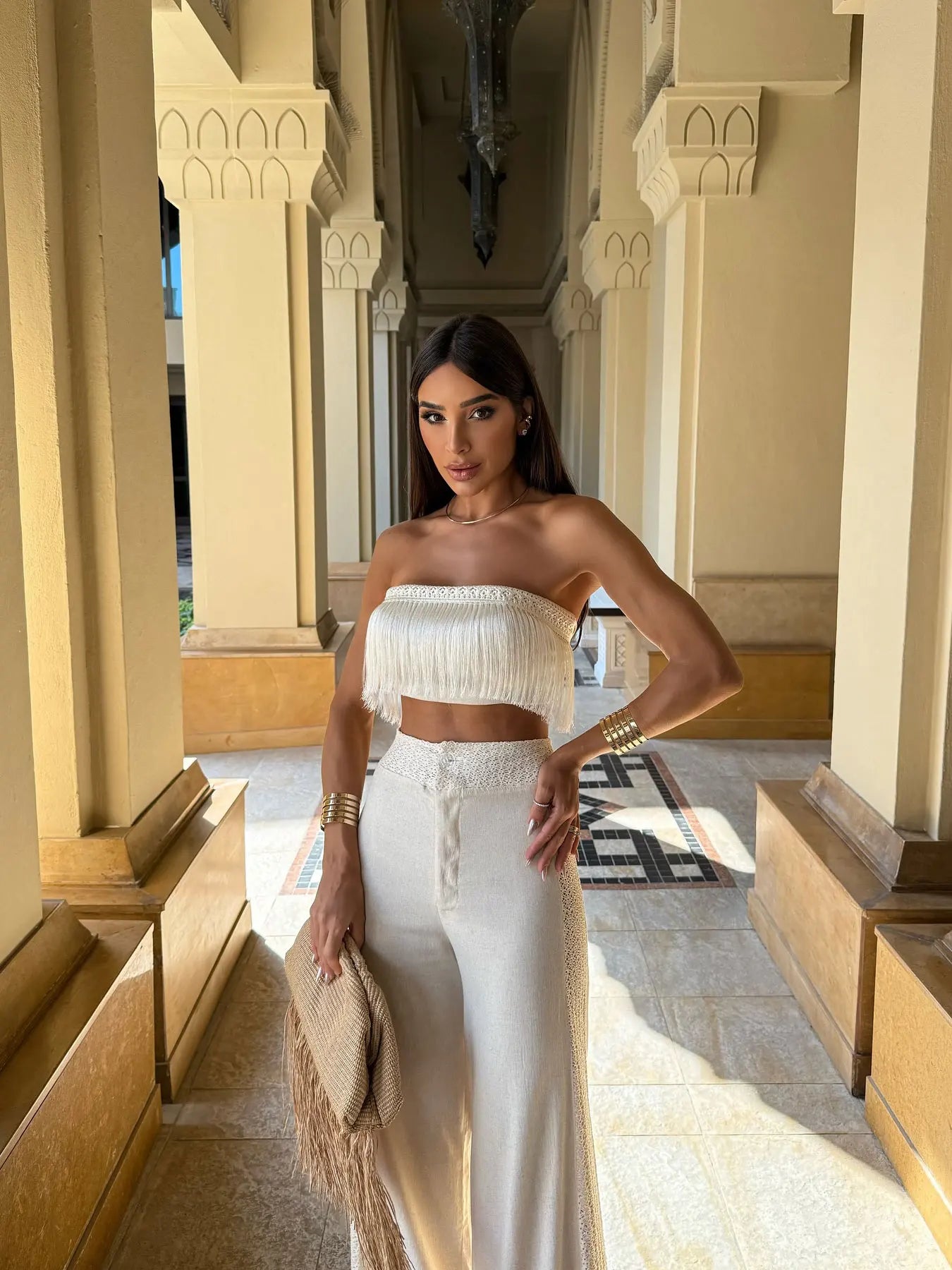 Women's Tassel Pants Set Elegant Bandage Wide Leg Pants Lace Patchwork High Waist Two Piece Set