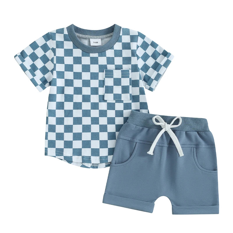 2pcs Toddler Baby Boys Clothes Set 0-3Y Short Sleeve Plaid Print Pocket T-shirt with Shorts Summer Outfit