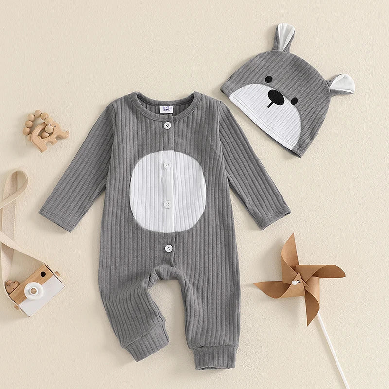 0-18M Newborn Baby Boys Romper Animal Cartoon Print Long Sleeve Crew Neck Full Length Button Down Jumpsuit with Hat