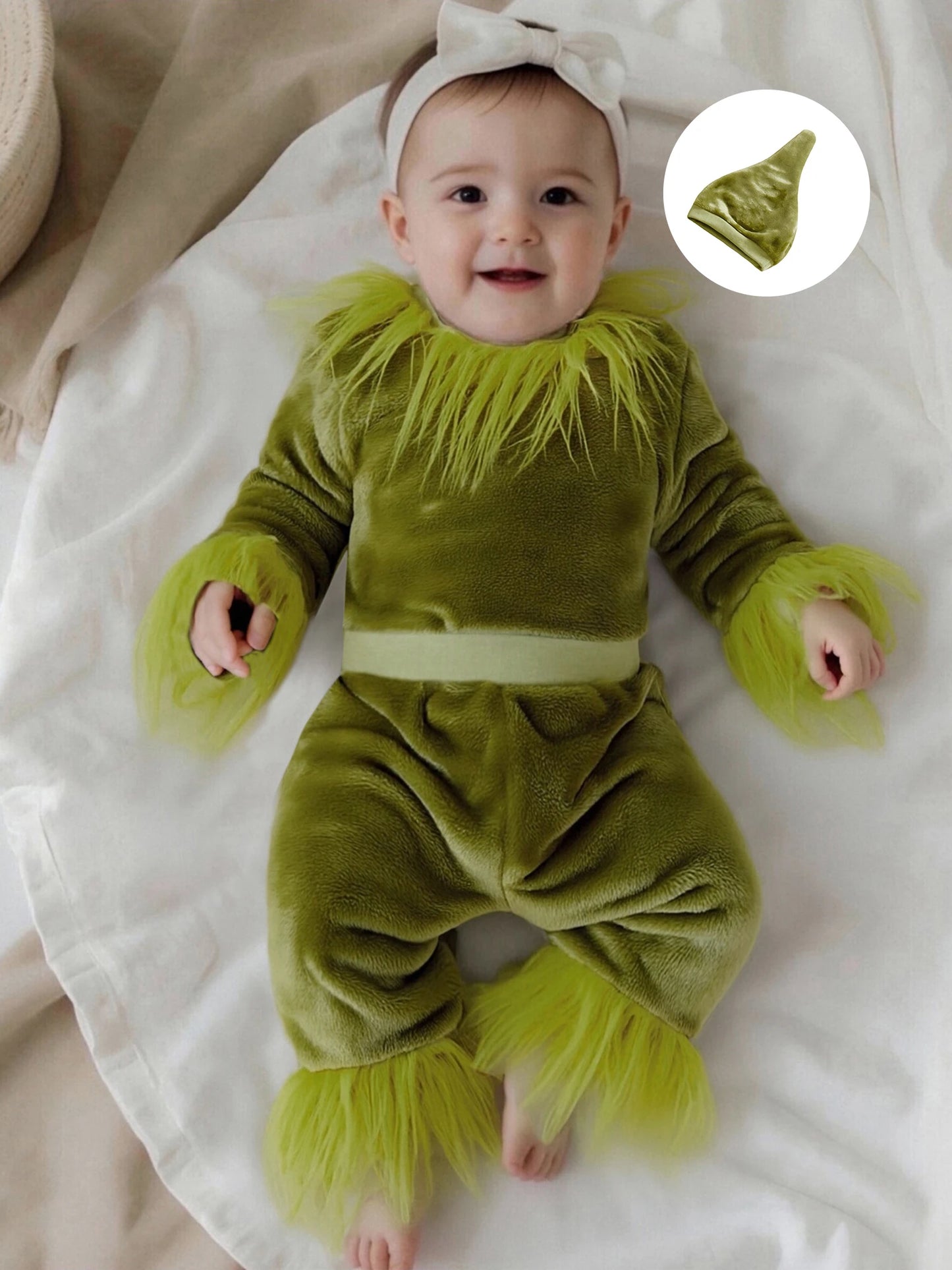 Baby Halloween 3-Piece Outfit Set - Plush Romper, Pants & Hat (0-18M)
