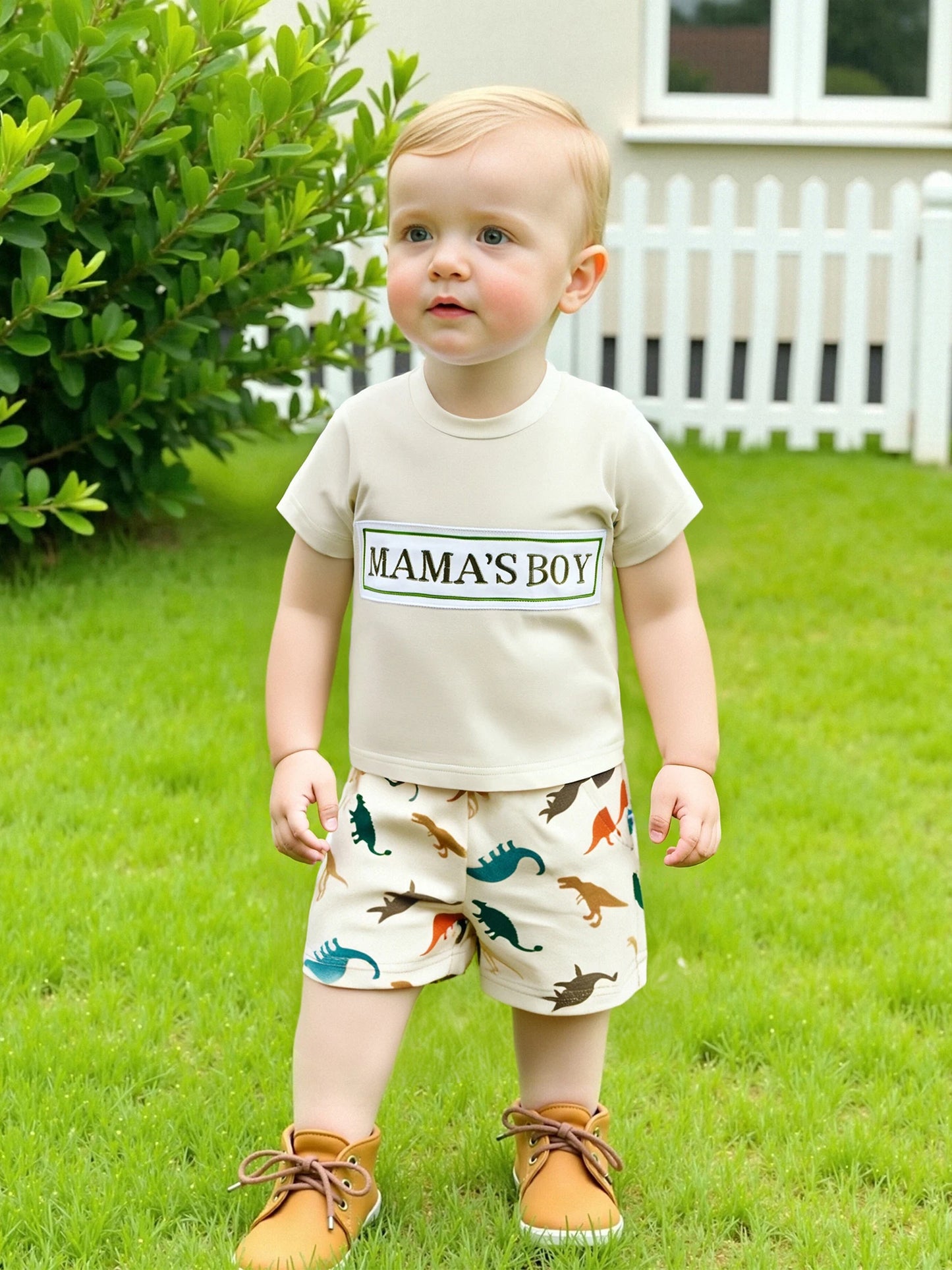 0-3Y Casual Baby Boys Summer Clothes Sets Letter Embroidery Short Sleeves T-Shirt and Dinosaur Print Shorts Set