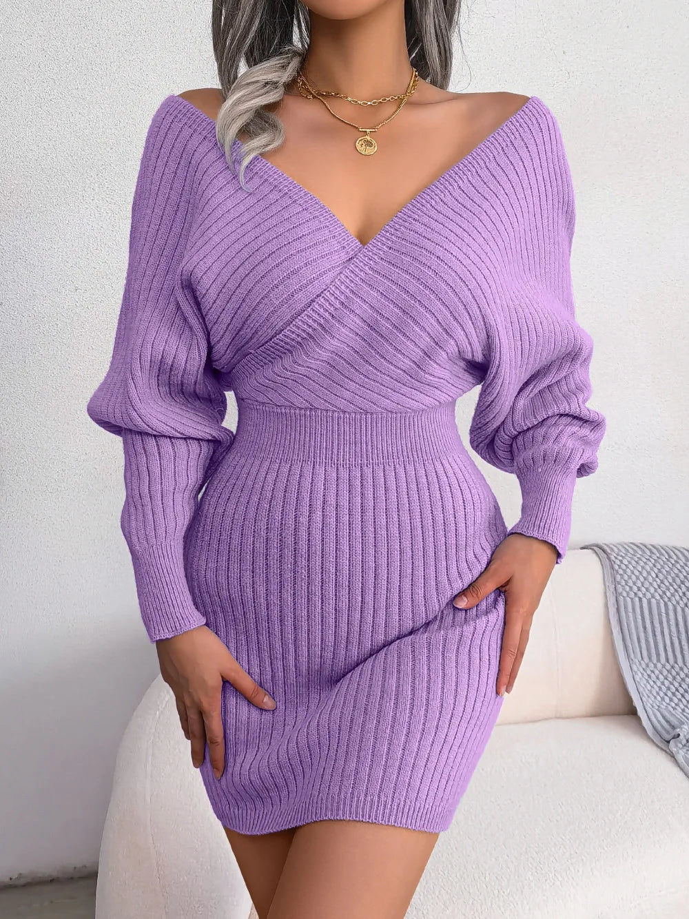 Women's Autumn Winter Cross V Neck Batwing Sleeve Casual Wrap Hip Woollen Dress