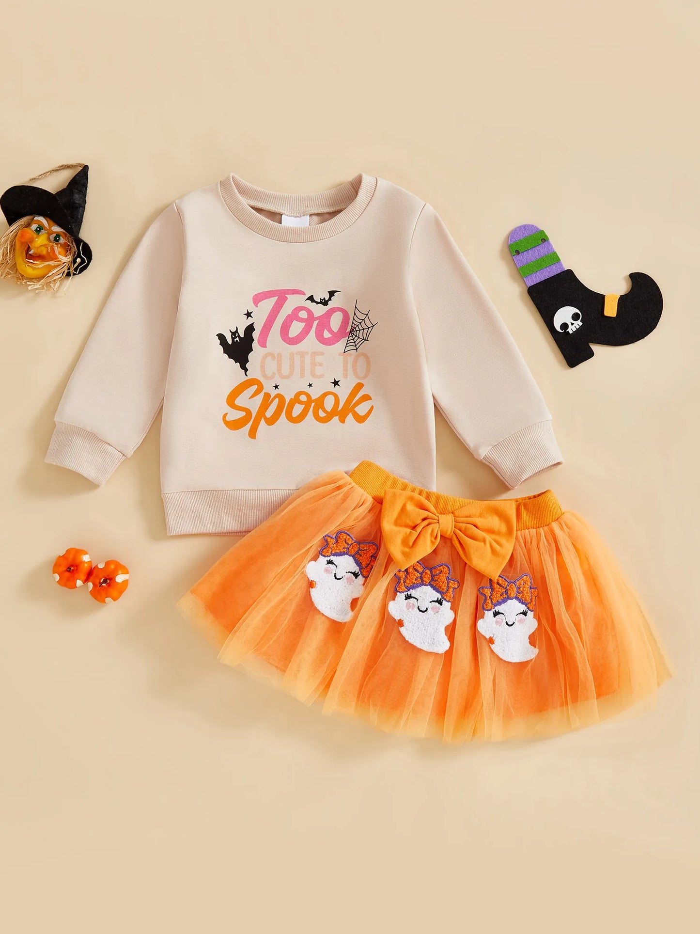 Baby Girl's Halloween Outfit Set - Cartoon Letter Sweatshirt & Ghost Tulle Skirt