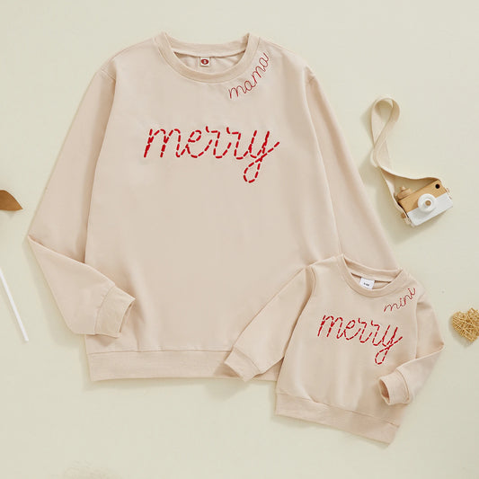 Mommy and Me Matching Christmas Sweatshirt - Letter Embroidery Long Sleeve