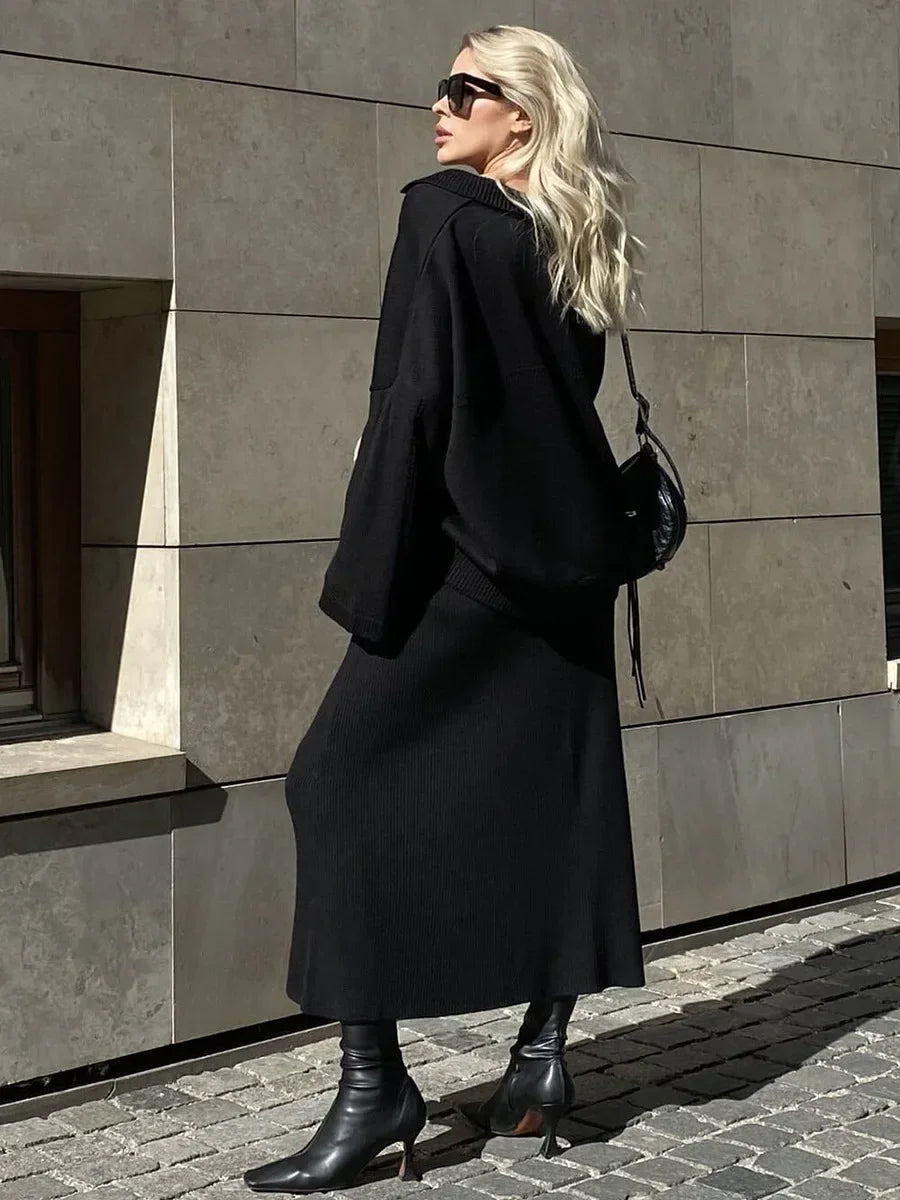 Women's Loose Sweater V-Neck Knit Pullover Top and Long High Waist Skirt 2 Piece Set