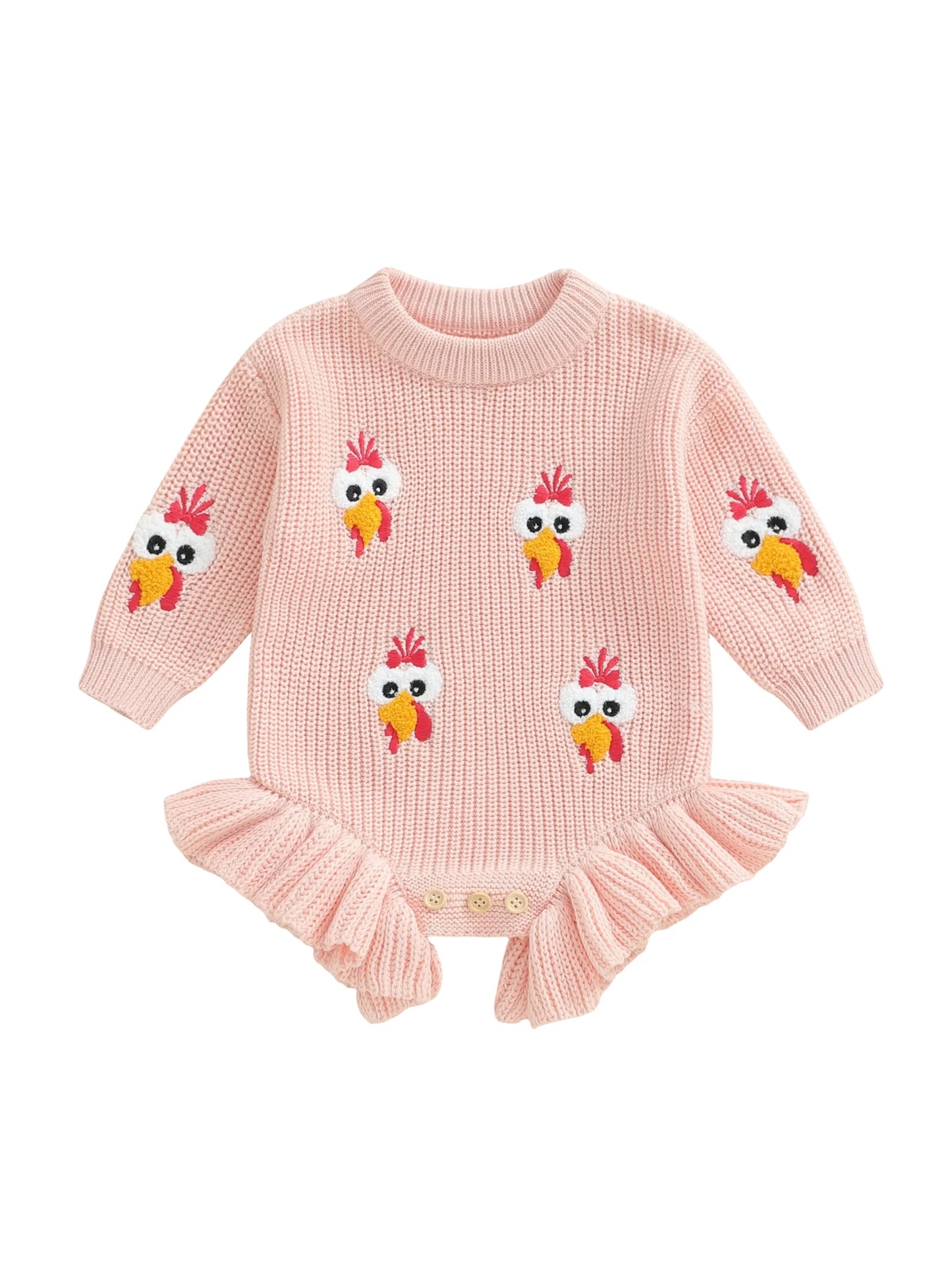 Baby Thanksgiving Knit Romper - Turkey Embroidery Long Sleeve Ruffle Bodysuit Sweater
