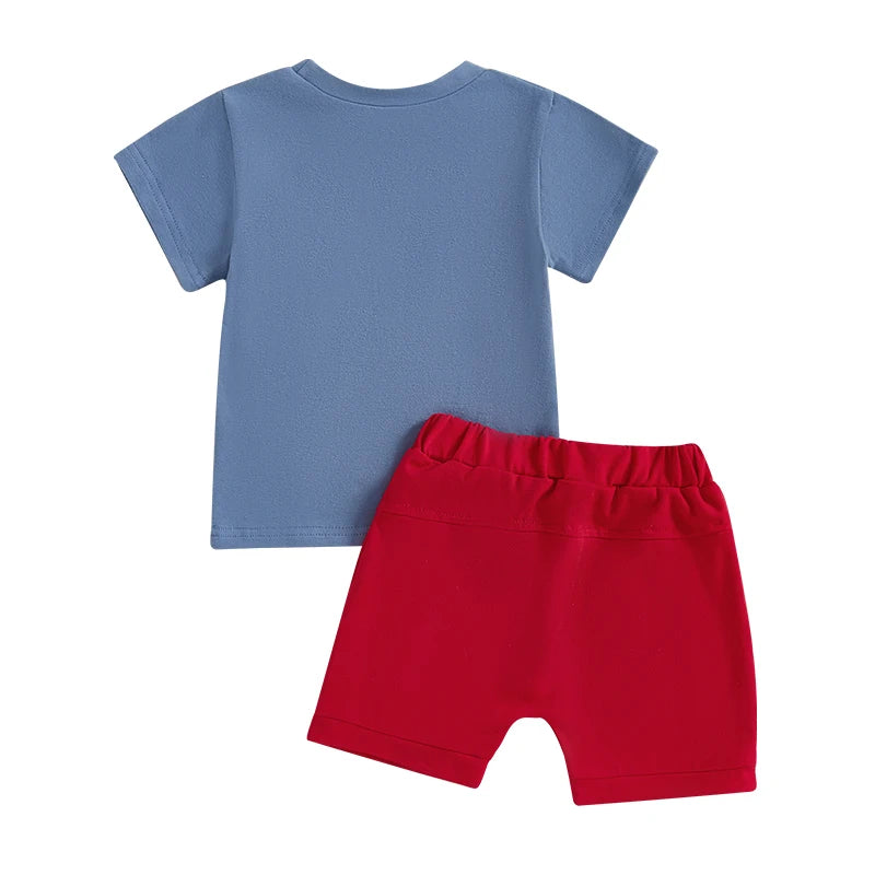 0-4Y Toddler Kids Boys American Flag Clothes Sets Letter Flag Embroidery Crew Neck Short Sleeve T-Shirt and Shorts
