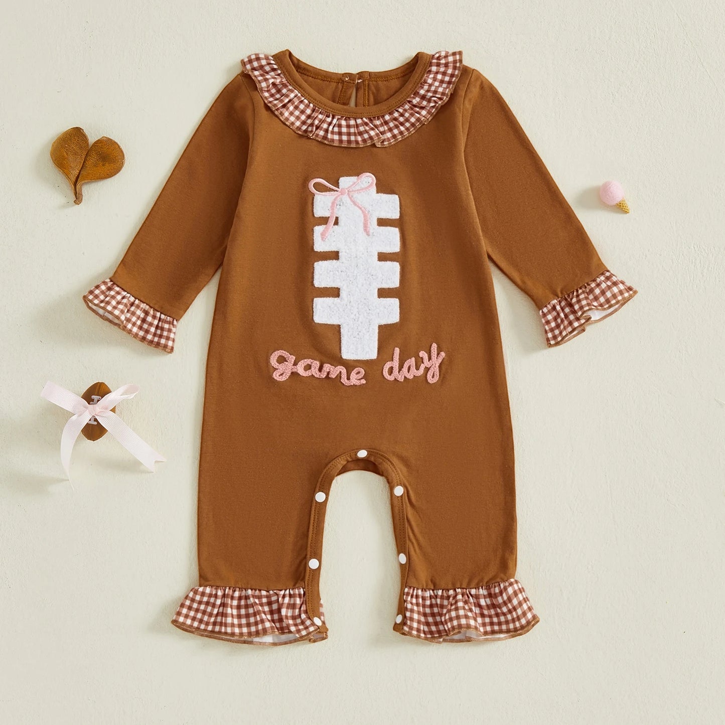 Baby Autumn Winter Romper - Plaid Print Football Embroidery Ruffled Jumpsuit (0-18M)
