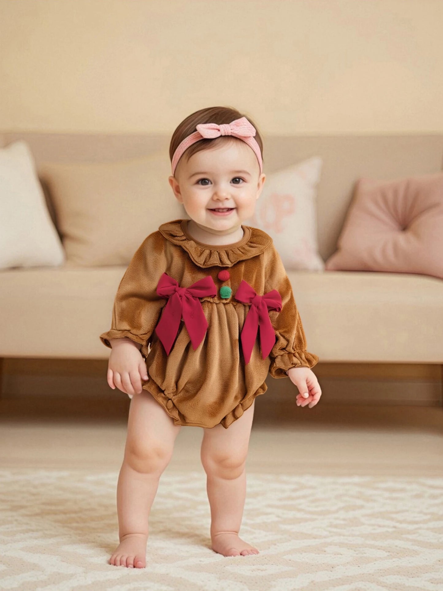 Baby Girls Christmas Romper - Plush Gingerbread Costume with Bow Detail