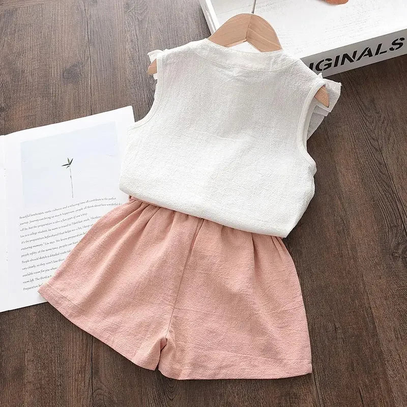 Girls Summer Feather Outfit Set - Sleeveless Top & Bandage Shorts